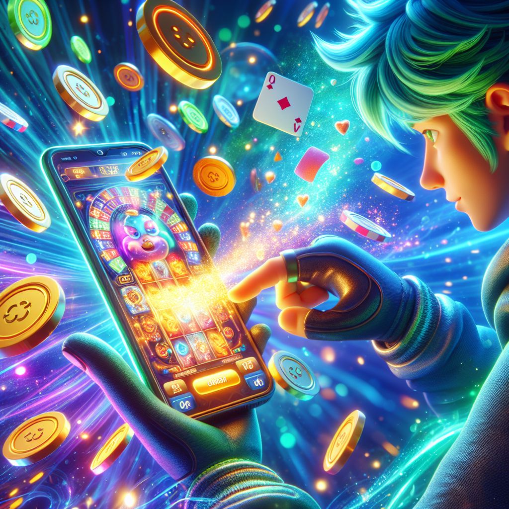 Cartoon character holding a smartphone with 222bk casino app